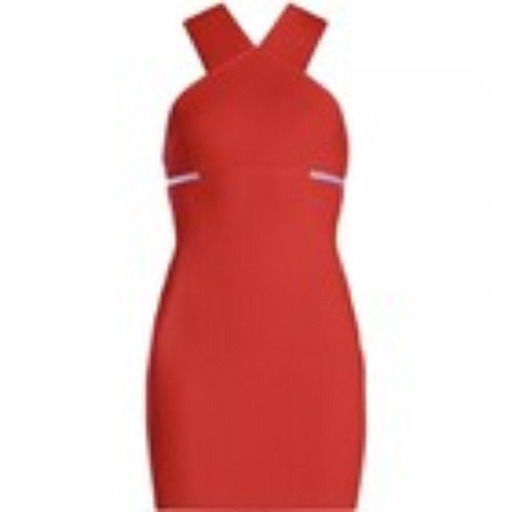 Hervé Léger luxe Halter RED ribbed Bandage Sheath party mini Dress Like New LG - Picture 8 of 12